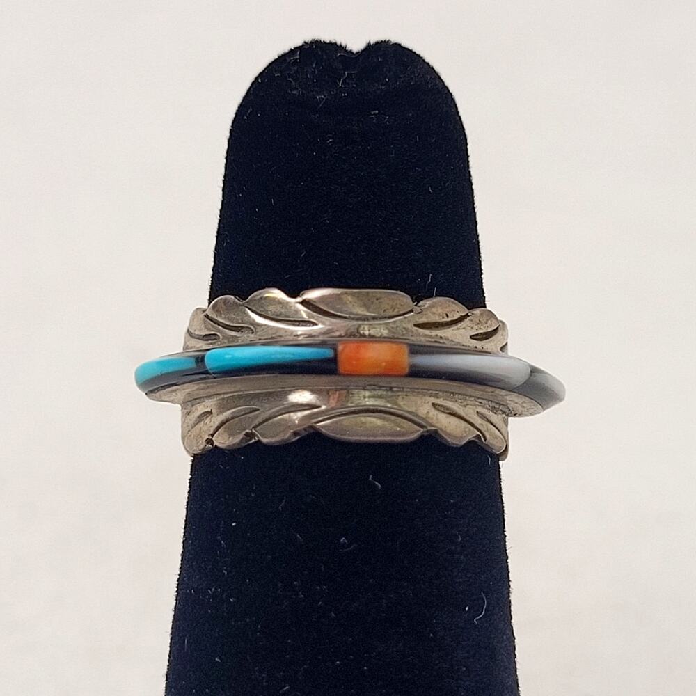 Vintage Native American Sterling Silver Ring Multi-Stone Inlay | Sz 3.75